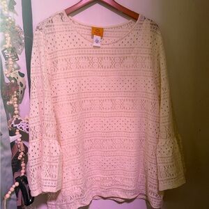 Ruby Rd. Cream Crochet Lace Bell Sleeve Top